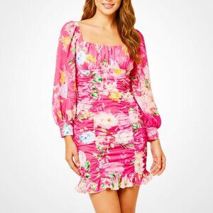 Pink Floral Vacation Mini Dress with Blousson Sleeves, Shirred Floral Dress MED